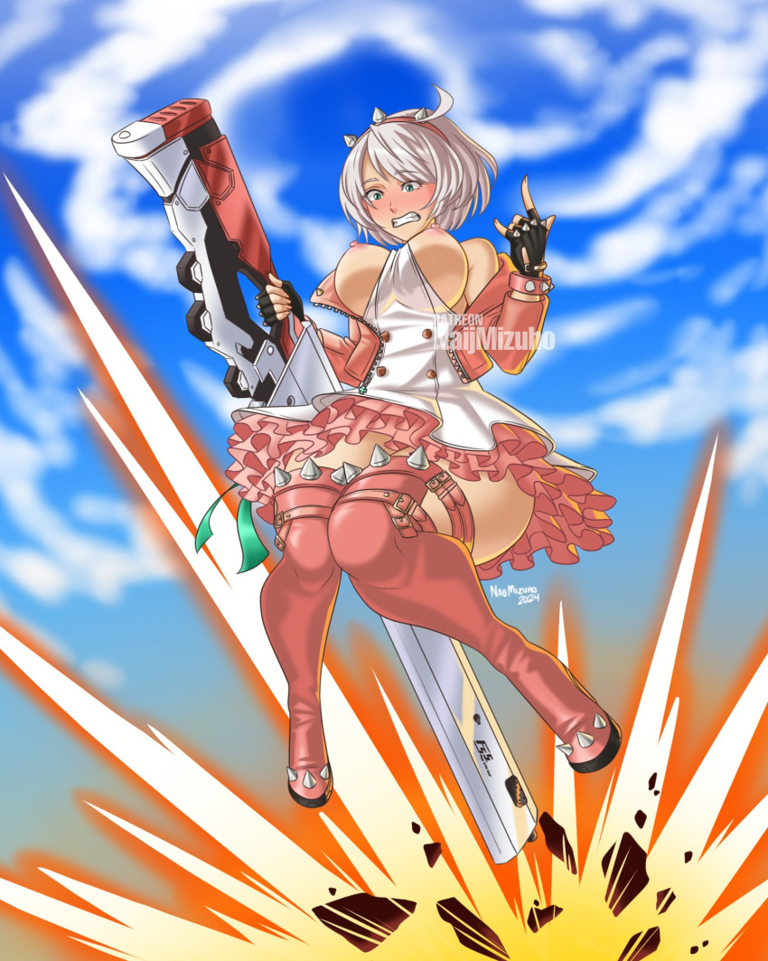 background big_breasts blush elphelt_valentine explosion exposed_breasts frilled_skirt guilty_gear guilty_gear_strive huge_breasts naijmizuho pink_nipples sky_background tagme thick_ass thick_thighs white_hair