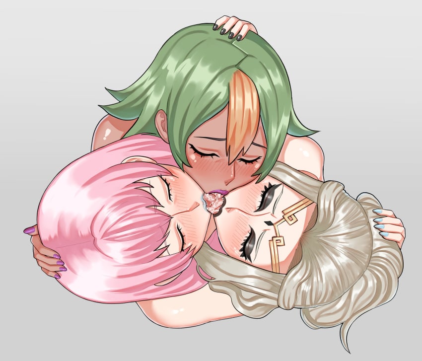 3girls black_eyeshadow black_lipstick black_nails closed_eyes commission commissioner_upload dark_skin drool female female_only fire_emblem fire_emblem_heroes french_kiss green_hair group_hug group_kiss group_kissing gunnthra_(fire_emblem) hand_on_another's_head interracial kissing laegjarn_(fire_emblem) letizia_(fire_emblem) light_blue_lipstick light_blue_nails multiple_girls nintendo pawgg pink_hair purple_lipstick purple_nails saliva tiara tongue tongue_kiss triple_kiss yuri