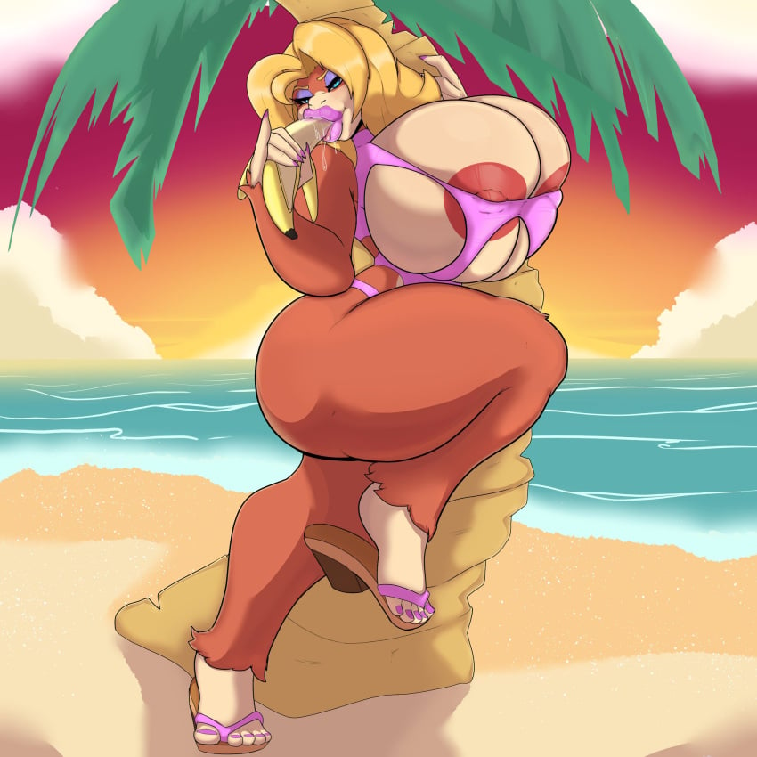 1girls alternate_version_available anthro banana barely_clothed beach big_ass big_breasts blonde_hair blue_eyes bra candy_kong donkey_kong_(series) exposed_breasts food_play hi_res huge_breasts implied_fellatio implied_oral inviting inviting_to_sex inviting_to_suck large_areolae leg_up looking_at_viewer mascara nintendo nipples nipples_visible_through_clothing overflowing_breasts palm_tree panties pillowymounds pink_fingernails pink_lips pink_lipstick pink_toenails pinup_pose primate saliva sandals smile solo thick_thighs tight_clothing wide_hips