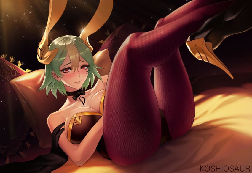 1girls alternate_costume bed blush bow bunny_ears bunny_girl bunny_suit choker cleavage female_only fire_emblem fire_emblem_heroes fishnet_stockings fishnets gold_hair green_hair headgear high_heels koshiosaur laegjarn_(fire_emblem) large_breasts lying_down lying_on_back lying_on_bed pillow red_eyes ribbon short_hair smile solo thighhighs yellow_hair