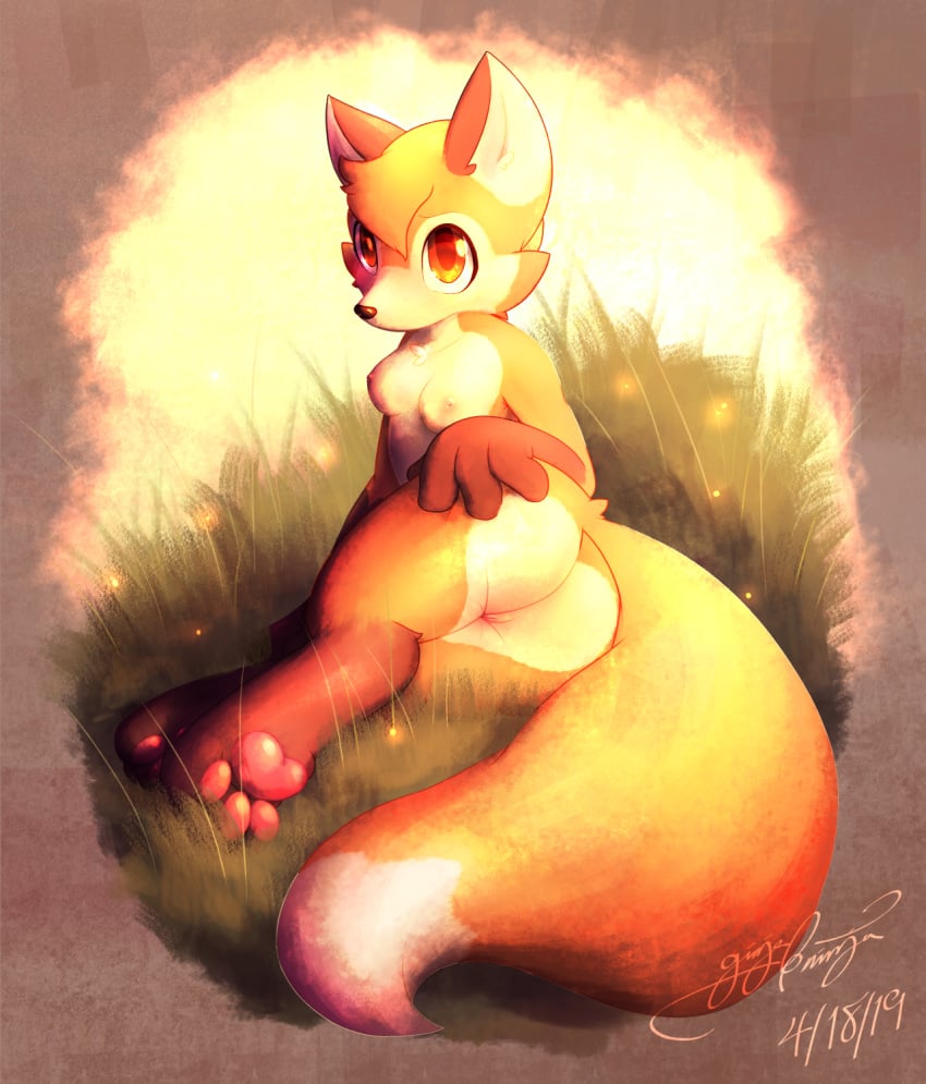 10s 2019 3_toes anthro ass blush breasts canid canine ears_up female fluffy fox fur gingy_k_fox grass hand_on_butt hi_res looking_back mammal multicolored_fur nipples nude outside pussy sitting solo toes