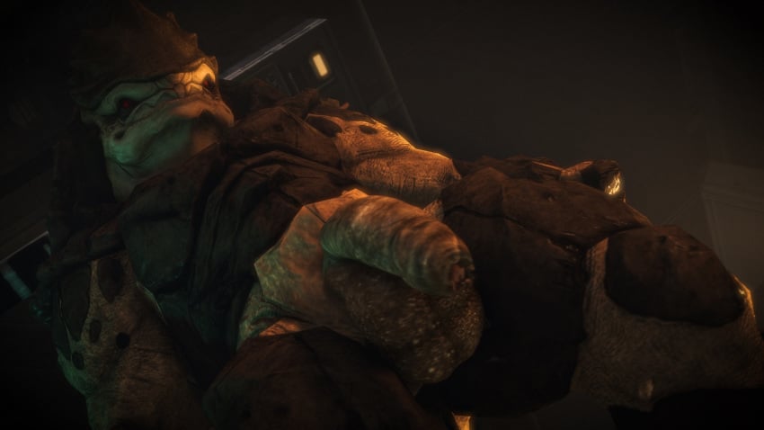 3d 3d_(artwork) alien balls big_penis dark_image flaccid foreskin hi_res krogan low-angle_view male male_only mass_effect muscular muscular_male penis rooking scales smile smirk uncut video_games worm's-eye_view