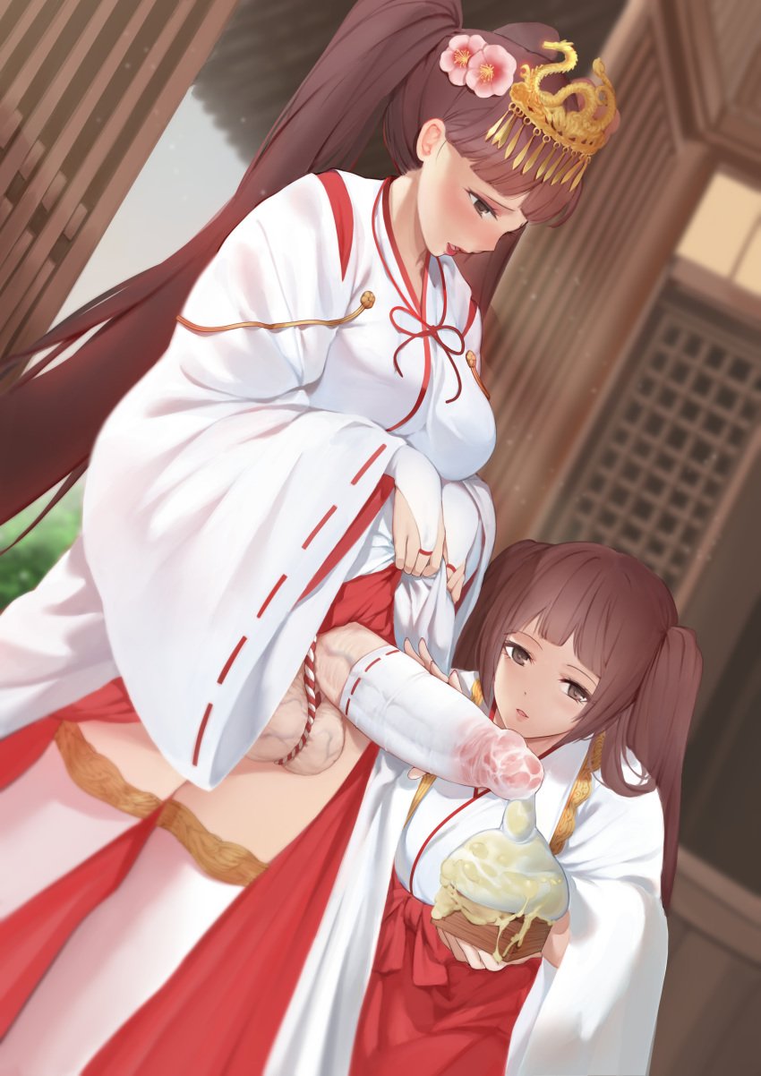 1235 balls blush brown_hair clothing cock_sleeve cock_sleeve_(clothes) cock_sock cum cum_on_food cum_through_clothes dickgirl erection female futa_balls futa_with_female futanari genitalwear hakama horny intersex large_penis miko penis shrine_maiden standing testicles twintails