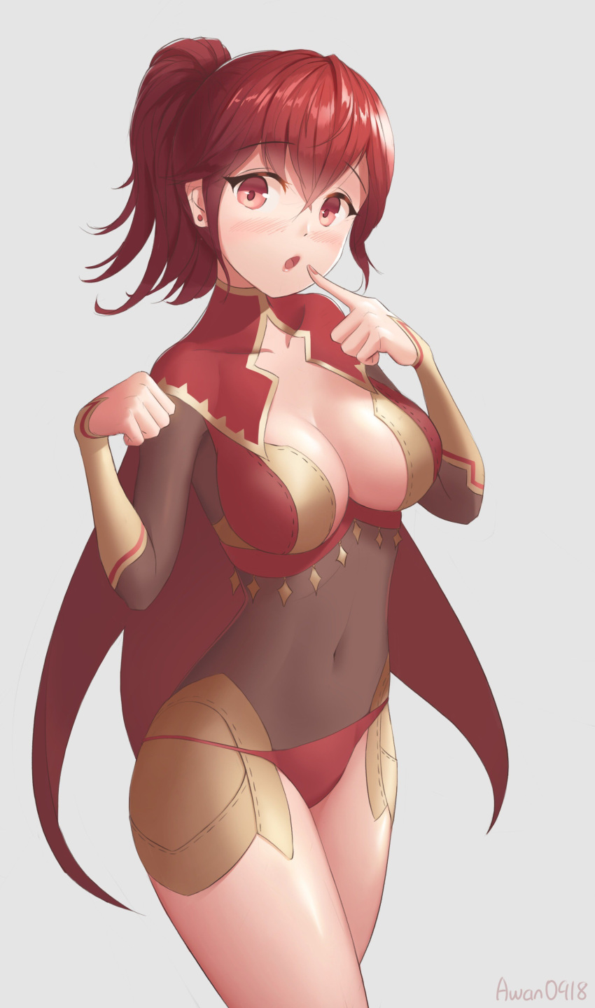 anna_(fire_emblem) anna_(fire_emblem_fates) awan0918 bad_censor bangs blush breasts cape censored center_opening covered_navel covered_nipples covering earrings female finger_to_mouth fire_emblem fire_emblem_fates gloves high_resolution jewelry medium_breasts nintendo open_mouth ponytail red_cape red_eyes red_hair sidelocks simple_background solo tied_hair twitter_username very_high_resolution