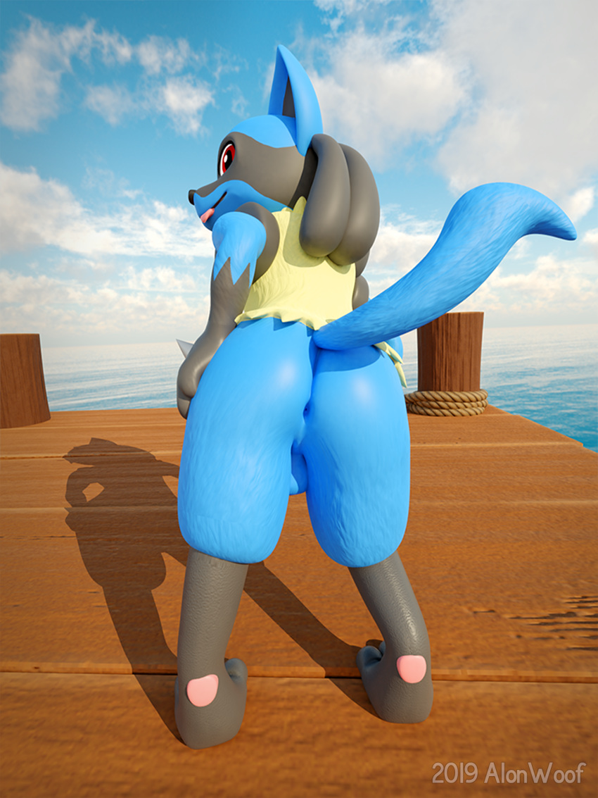 1boy 2019 3_toes 3d alonwoof anthro anus ass barefoot black_fur blep blue_fur canine casual_nudity digitigrade fluffy fluffy_tail fur furry hair hi_res looking_at_viewer lucario lucky_(alonwoof) male male_only mammal nintendo nude one_eye_closed original_character pier pokemon pokemon_(species) pokemon_dppt presenting sea seaside sky smile solo testicles text thick_thighs toes tongue tongue_out video_games water watermark wink