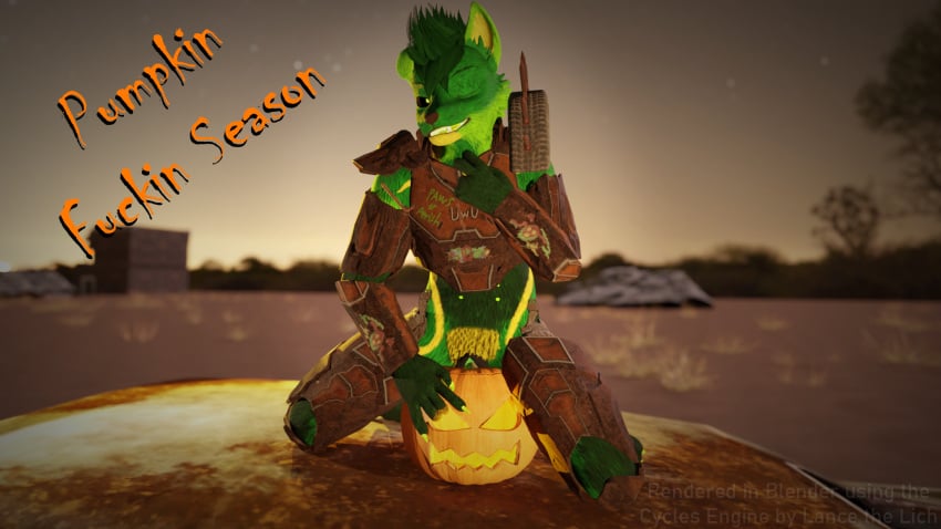 3d_(artwork) andromorph anthro armor bone_tail canid canine canis claws clothing cuntboy digital_media_(artwork) fallout feet food fruit fur genitals green_body green_fur hairy_pussy halloween hi_res holidays intersex jack-o'-lantern lance_barrowpaw lance_the_lich lich male mammal microsoft plant post-apocalyptic pubes pumpkin pumpkin_masturbation pussy raider_(fallout) skeletal_tail solo spread_toes tail toe_claws toes undead wolf