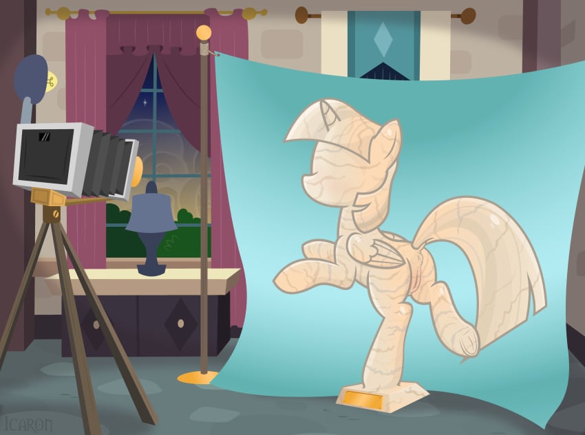 absurd_res accurate_art_style after_transformation alicorn anus artist_name backdrop camera curtains dock_(anatomy) equid equine faceless faceless_character faceless_female faceless_feral feathered_wings feathers female feral friendship_is_magic furniture genitals grey_body grey_hair grey_tail grey_wings hair hasbro hi_res hooves horn icaron inanimate_transformation inside lamp mammal motion_lines my_little_pony mythological_creature mythological_equine mythology on_one_leg petrification plinth pussy solo standing statue_transformation statuefication statufication story story_at_source story_in_description table tail transformation tripod twilight_sparkle_(mlp) underhoof unicorn watermark window wings