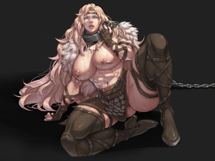 1girls blonde_female blonde_hair chain_leash chains muscular muscular_female pierced_nipples voluptuous voluptuous_female warrior_princess xxoom