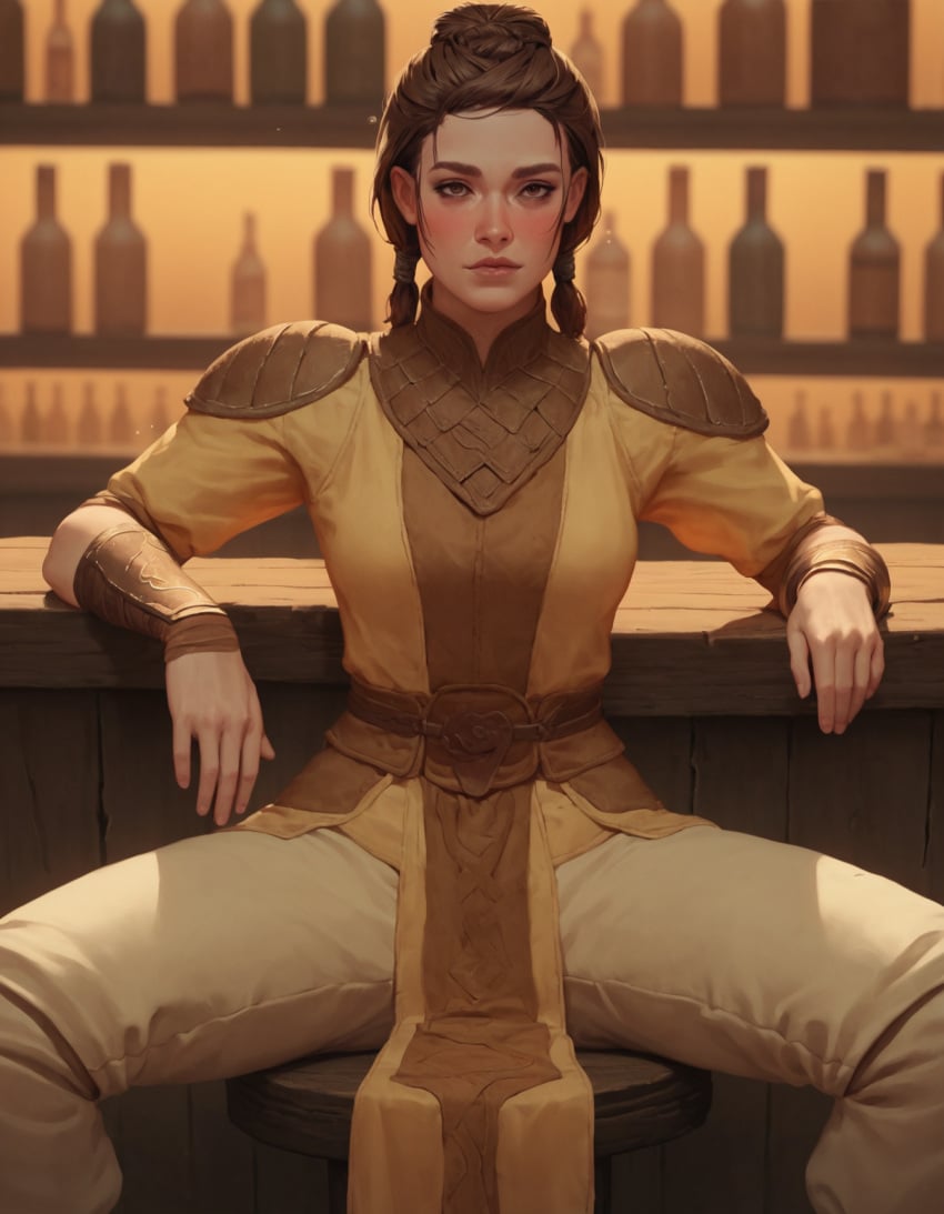 ai_generated bar bastila_shan bodysuit drunk knights_of_the_old_republic looking_at_viewer rtxfus rtxfus34 sexually_suggestive solo spread_legs star_wars twin_braids