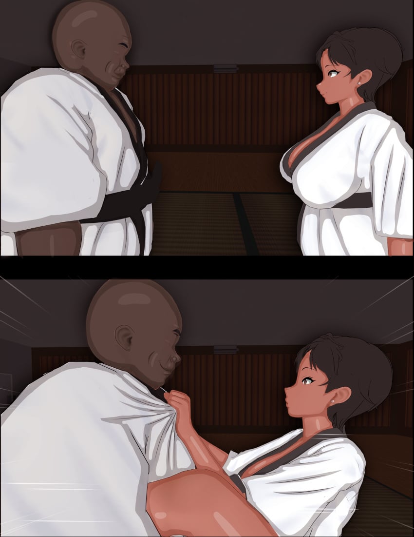 1boy 1girls 2koma 3d absurd_res absurdres aiko_mizuhara_(vyrus_smith) black_hair breasts brown_eyes cheating cheating_girlfriend cleavage comic dark-skinned_female dark-skinned_male dark_skin high_resolution highres leg_up looking_at_another netorare ntr one_leg_raised one_leg_up original vyrus_smith wafuku