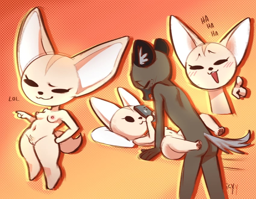 absurd_res aggressive_retsuko aggretsuko anthro big_ears big_head black_eyes blush breasts brown_body brown_fur canid canine cellphone distracted_sex duo electronics female female_penetrated fennec_fox fenneko fox fur genitals haida_(aggretsuko) hi_res holding_cellphone holding_object holding_phone holding_smartphone hyena interspecies iseenudepeople laugh lying male male/female male_penetrating male_penetrating_female mammal no_pupils on_back penetration phone pussy sanrio sex short_stack slim small_breasts smartphone table_lotus_position toony true_fox