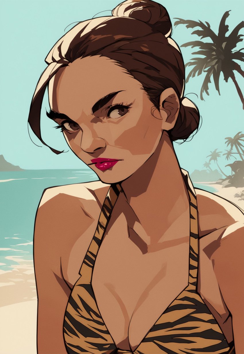 ai_generated beach bikini brown_eyes brown_hair grand_theft_auto grand_theft_auto_iii hairbun lipstick maria_latore palm_tree short_hair tiger_print