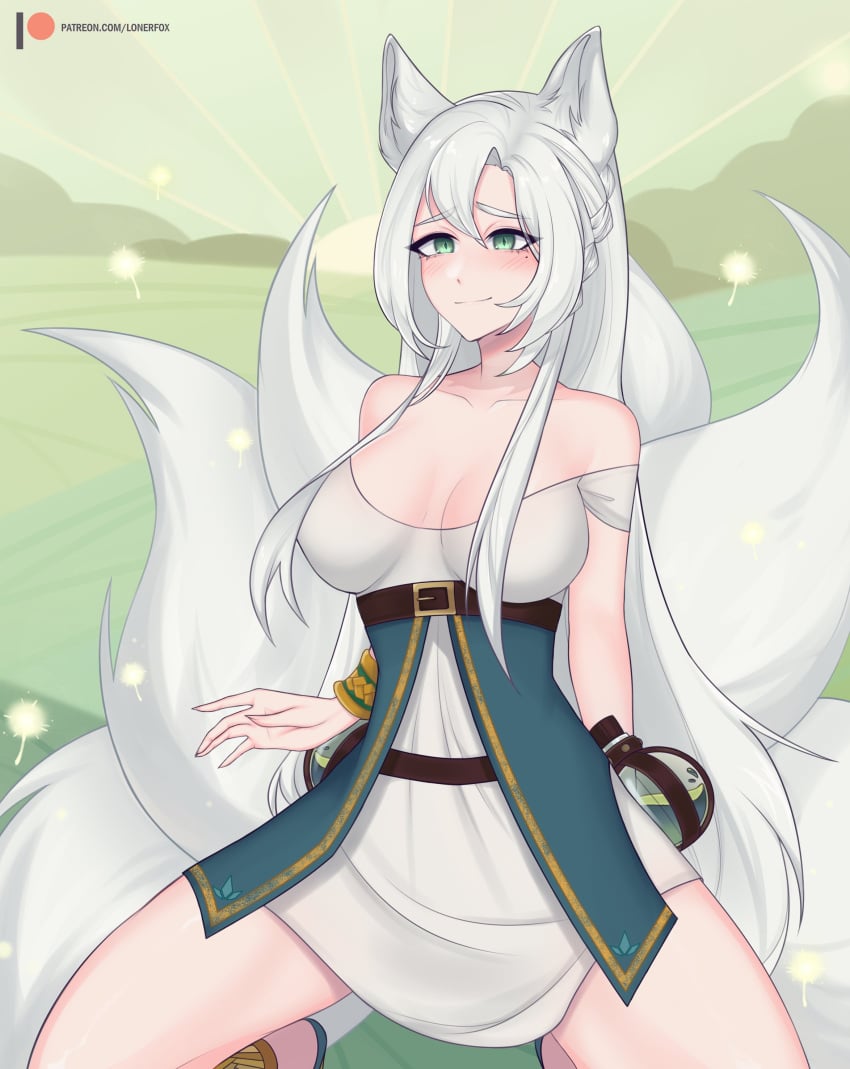 1girls absurd_res afk_arena animal_ears blush bracelet breasts cleavage dress female female_focus female_only fox_ears fox_girl fox_tail fur green_eyes hair hi_res higher_resolution_available kemono kemonomimi lonerfox_(artist) long_hair mole mole_under_eye multiple_tails paid_reward_available sleeveless smile solise solo solo_female solo_focus squatting tail very_long_hair white_fur white_hair