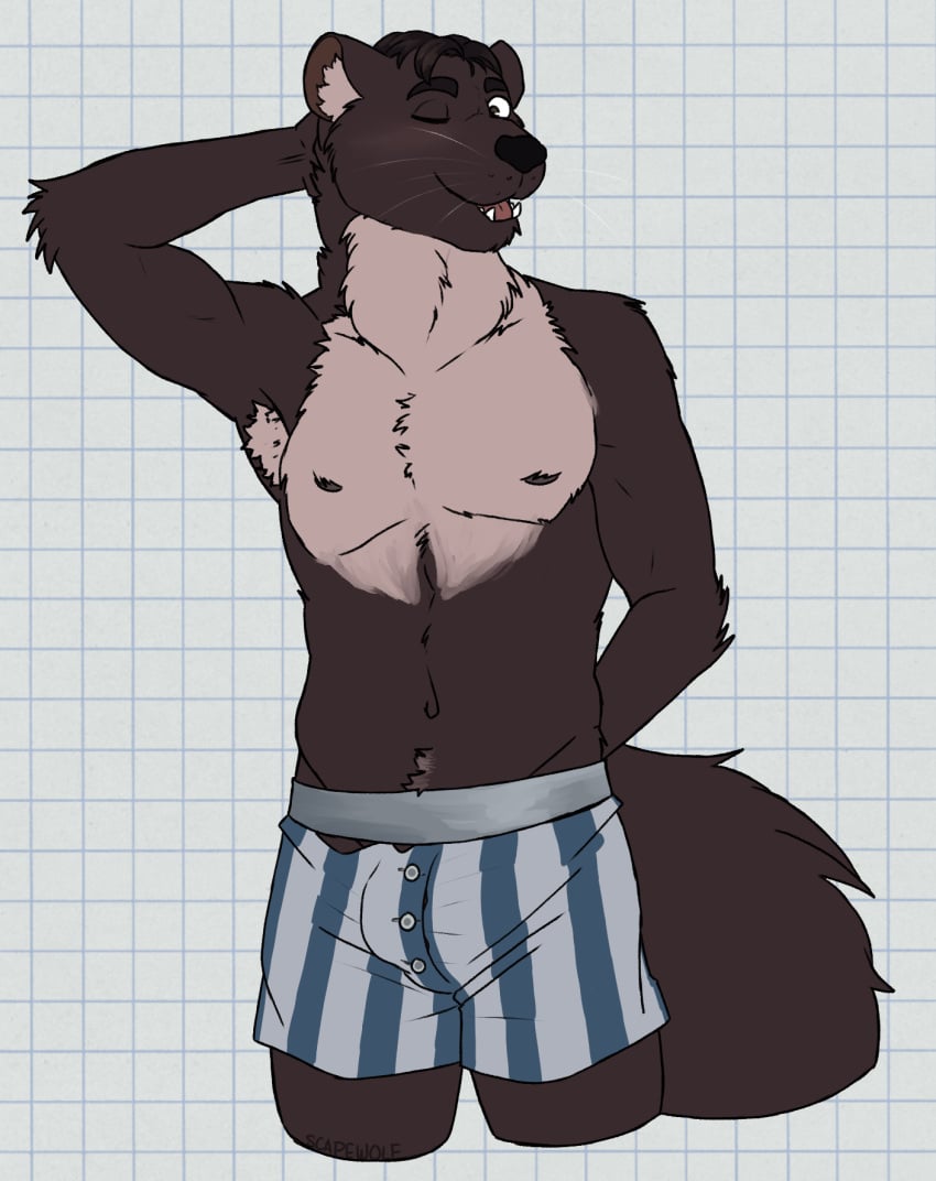 1boy 2024 anthro arm_tuft armpit_hair belly biped blush body_hair boxers_(clothing) brown_body brown_eyes brown_fur brown_hair brown_inner_ear brown_nipples brown_nose bulge burrows_(captain_nikko) checkered checkered_background clothed clothing colt_(captain_nikko) digital_drawing_(artwork) digital_media_(artwork) elbow_tuft fluffy fluffy_tail fur gulonine hair hand_behind_back hand_behind_head happy_trail hi_res inner_ear_fluff male male_anthro male_only mammal marten multicolored_body multicolored_clothing multicolored_underwear mustelid musteline navel neck_tuft nipples one_eye_closed partially_clothed partially_clothed_male pattern_background pattern_clothing pattern_underwear portrait simple_background slim solo standing striped_clothing striped_underwear stripes tail tan_body tan_fur tan_inner_ear_fluff three-quarter_portrait tuft underwear underwear_only unsafescapewolf whiskers white_background white_sclera