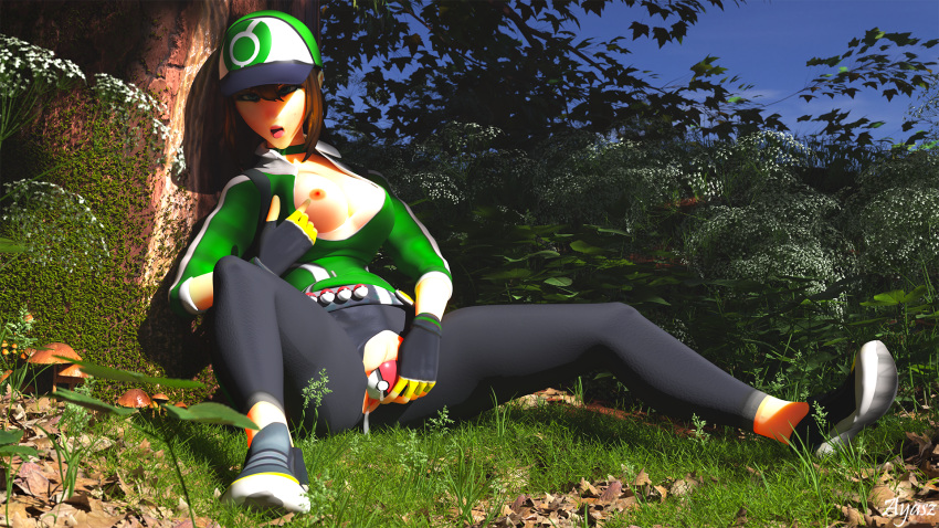 1girls 3d ahe_gao ayasz blender breasts clothed drooling female female_only female_protagonist_(pokemon_go) human masturbation outdoors poke_ball poke_ball_insertion pokemon pokemon_go pussy pussy_juice solo text torn_clothes watermark wet