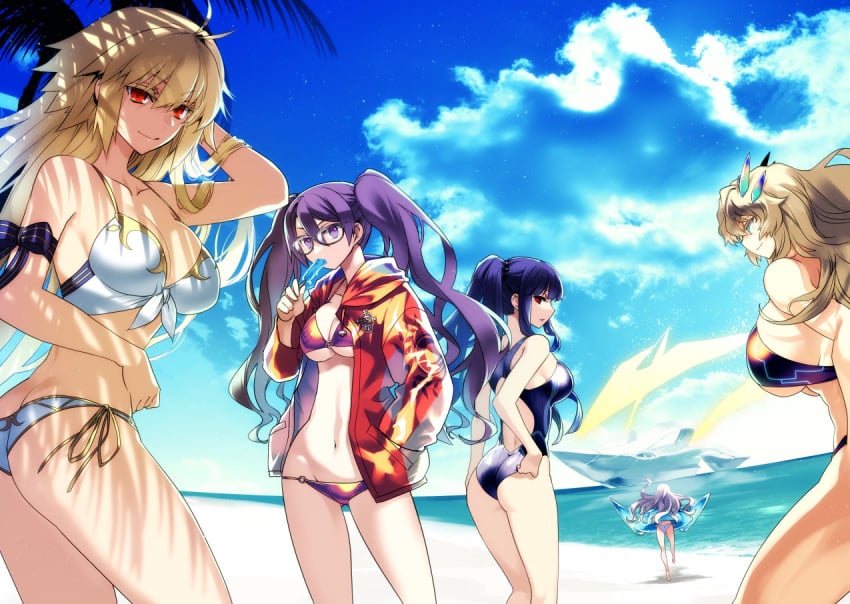 4girls archetype_earth arcueid_brunestud asagami_fujino ass barghest_(fate) barghest_(gawain)_(fate) beach bikini blonde_hair blue_sky breasts cloud cloudy_sky fate/grand_order fate_(series) glasses gold_trim hair_intakes horns huge_breasts ishida_akira jacket kara_no_kyoukai large_breasts melusine_(fate) multiple_girls muscular muscular_female ocean one-piece_swimsuit palm_tree ponytail purple_hair red_eyes sand sion_eltnam_atlasia sion_eltnam_sokaris sky slingshot_swimsuit swimsuit tree tsukihime twintails type-moon white_bikini white_hair yacht