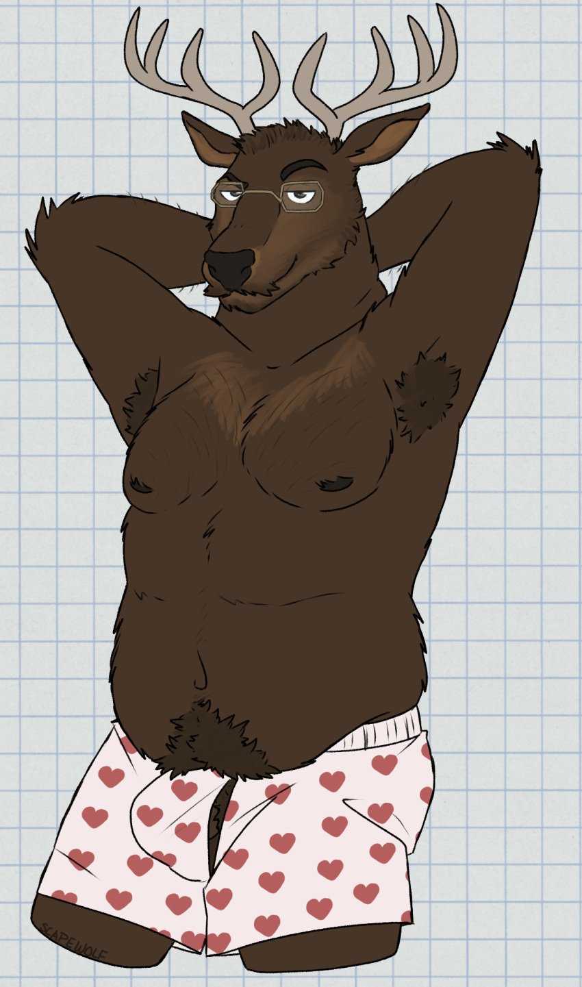 1boy 2024 anthro antlers arm_hair armpit_hair avery_(the_smoke_room) barely_visible_genitalia bedroom_eyes belly biped black_nose body_hair boxers_(clothing) brown_body brown_eyebrows brown_eyes brown_fur bulge checkered checkered_background chest_hair clothed clothing deer digital_drawing_(artwork) digital_media_(artwork) echo_(series) echo_project eyebrows eyewear fur genitals glasses hair hands_behind_head happy_trail heart_boxers heart_clothing heart_pattern heart_symbol heart_underwear hi_res horn looking_at_viewer male male_anthro male_only mammal multicolored_body multicolored_clothing multicolored_underwear narrowed_eyes navel overweight overweight_anthro overweight_male partially_clothed partially_clothed_male pattern_background portrait pubes raised_eyebrow seductive short_hair simple_background solo standing the_smoke_room three-quarter_portrait underwear unsafescapewolf white_background white_sclera