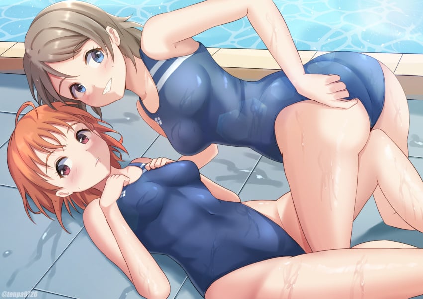 2girls absurd_res absurdres ahoge antenna_hair arm_support armpits ass belly belly_button bikini blue_bikini blue_one-piece_swimsuit blue_swimsuit blue_swimwear blush blush blush_lines blushing_at_viewer blushing_female breasts collarbone dot_nose dripping_wet elbows embarrassed embarrassed_female embarrassed_nude_female female female_focus female_only fingers grin groin hair_between_eyes hand_on_ass hand_on_butt hand_on_chest hand_on_own_ass hand_on_own_butt hand_on_own_chest high_resolution highres knees laying_down laying_on_floor laying_on_ground lean_body lean_figure legs lesbian_focus lesbian_only light-skinned_female light_skin long_hair looking_at_viewer looking_back looking_back_at_viewer looking_up looking_up_at_viewer love_live! love_live!_sunshine!! medium_breasts medium_hair multiple_females multiple_girls narrow_waist navel one-piece_swimsuit parted_lips pool poolside short_hair shoulders sideboob slender_body slender_waist slim_girl slim_waist smile smiley_face smiling smiling_at_viewer smirk soaked swimsuit swimwear takami_chika tenpa_(tenpa2190) thick_ass thick_thighs thighs thin_waist tsuruyama_(tenten) underboob upper_body watanabe_you wet wet_ass wet_belly wet_bikini wet_body wet_breasts wet_butt wet_face wet_legs wet_skin wet_thighs wide_hips yuri yuri yuri