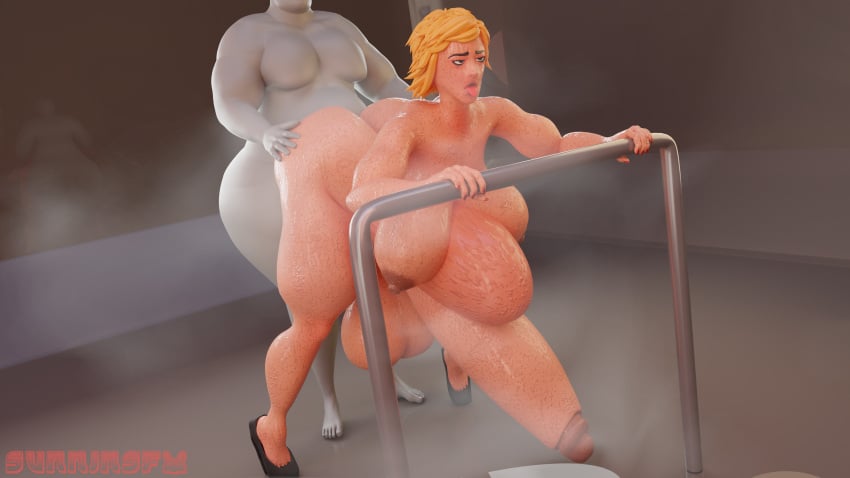 3d anon big_breasts big_penis blonde_hair fat_male futanari hyper_penis male_on_futa musk_clouds stomach_bulge submissive_futa sunninsfw sunny_(sunninsfw) sweat sweat_clouds sweaty voluptuous voluptuous_futanari