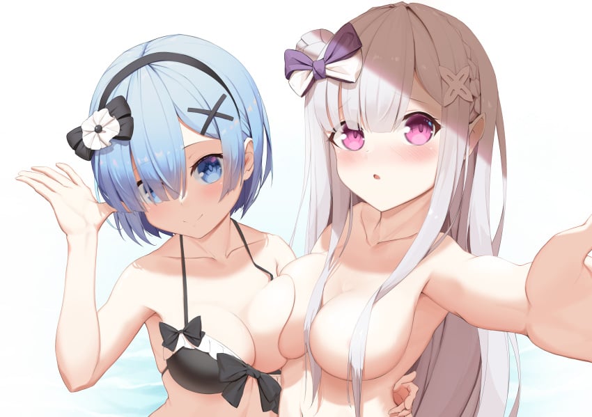 2girls absurd_res absurdres arm_around_another arm_around_waist arm_up armpits bare_armpits bare_arms bare_belly bare_breasts bare_chest bare_hands bare_hips bare_midriff bare_navel bare_shoulders bare_skin bare_tits belly belly_button bikini bikini_only bikini_top black_bikini black_bikini_only black_bikini_top black_hair_ribbon black_hairband black_ribbon black_string_bikini black_swimsuit black_swimwear blunt_bangs blush blush blushing_at_viewer blushing_female boobs_pressed bowl braid braided_hair breast_press breast_press_on_chest breasts breasts_press breasts_pressed_against_another breasts_pressed_against_partner breasts_pressed_together busty busty_female busty_teen cleavage closed_mouth_smile collarbone completely_naked completely_naked_female completely_nude completely_nude_female dock docking dot_nose elbows embarrassed embarrassed_female embarrassed_nude_female emilia_(re:zero) exposed exposed_armpits exposed_arms exposed_belly exposed_breasts exposed_midriff exposed_shoulders exposed_tits exposed_torso extended_arm female female_focus female_only fingers grin hair_between_eyes hair_over_one_eye hair_pin hair_ribbon hairband hairpin hairpins hand_up head_tilt high_resolution highres large_breasts lean_body lean_figure light-skinned_female light_skin long_hair looking_at_viewer looking_up looking_up_at_viewer medium_hair multiple_females multiple_girls naked naked_female naked_woman narrow_waist navel nude nude_female nudity open_mouth parted_bangs parted_lips pressing_breast_on_partner pressing_breasts pressing_breasts_together purple_hair_ribbon purple_ribbon re:zero_kara_hajimeru_isekai_seikatsu rem_(re:zero) ribbon short_hair shoulders sideboob simple_background slender_body slender_waist slim_girl slim_waist smile smiley_face smiling smiling_at_viewer smirk standing starlan string_bikini swimsuit swimwear teen_girl teenage_girl teenager thin_waist tilted_head topless topless_female upper_body white_background white_hair_ribbon white_ribbon