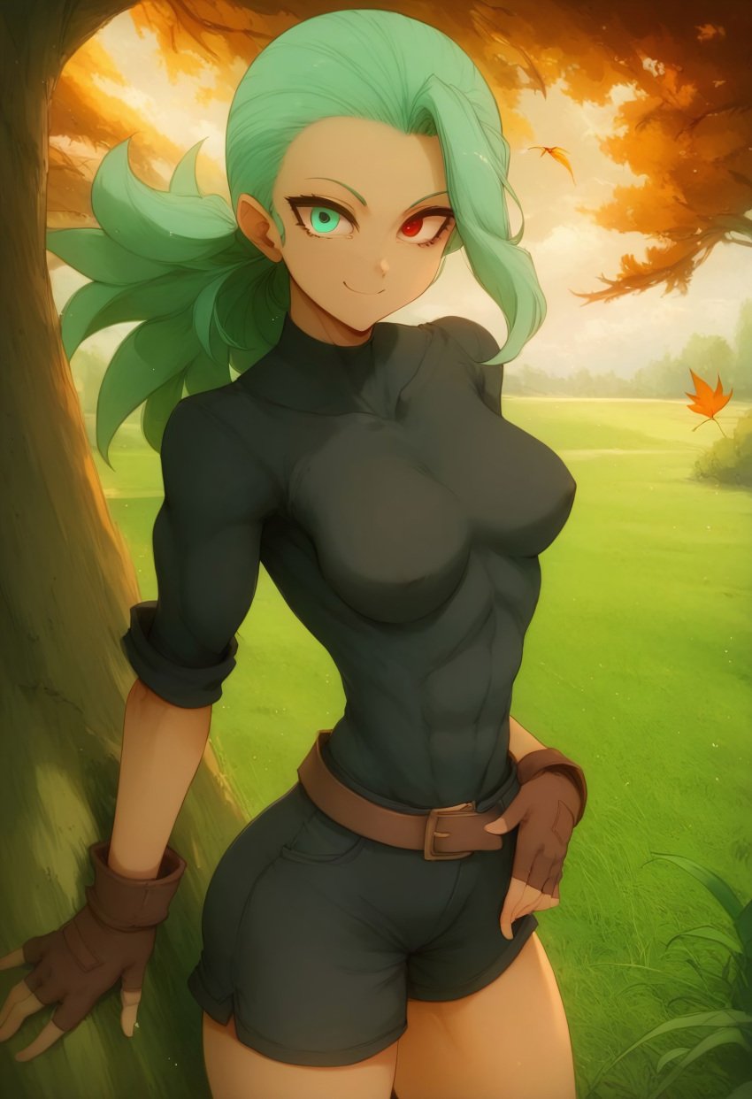 ai_generated civitai dragon_ball dragon_ball_super fingerless_gloves gloves green_eyes green_hair heterochromia muezli red_eyes shorts smile tagme tight_clothing toned