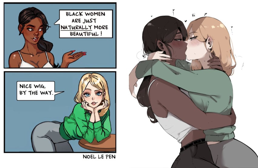 2girls before_and_after black_body black_hair blonde_female blonde_hair blue_eyes dark-skinned_female dark_skin female female_only hugging_from_behind kissing lesbian_couple lesbian_kiss masoq095 meme multiple_girls multiple_images racism racist sloppy_kiss sweat tongue_kiss twitter_user_oc white_background yuri