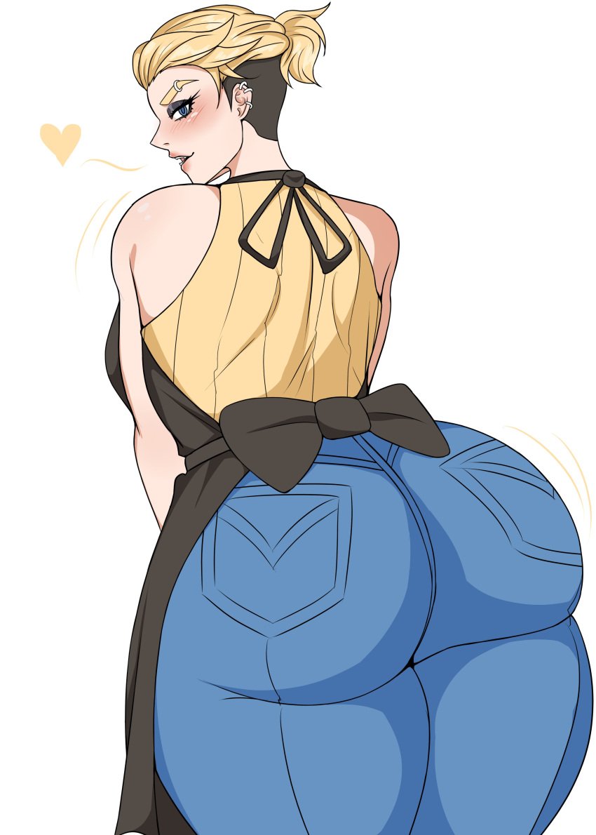 1girls 2d 2d_(artwork) apron ass big_ass blonde_eyebrows blonde_female blonde_hair blonde_hair_blue_eyes blonde_hair_female blue_eyes blue_jeans clothing demon_dog demondog17 digital_drawing_(artwork) digital_media_(artwork) ear_piercing eyebrow_piercing female female_only heart_symbol jeans light-skinned_female light_skin looking_at_viewer looking_back sleeveless_shirt solo solo_female undercut white_skin white_skinned_female