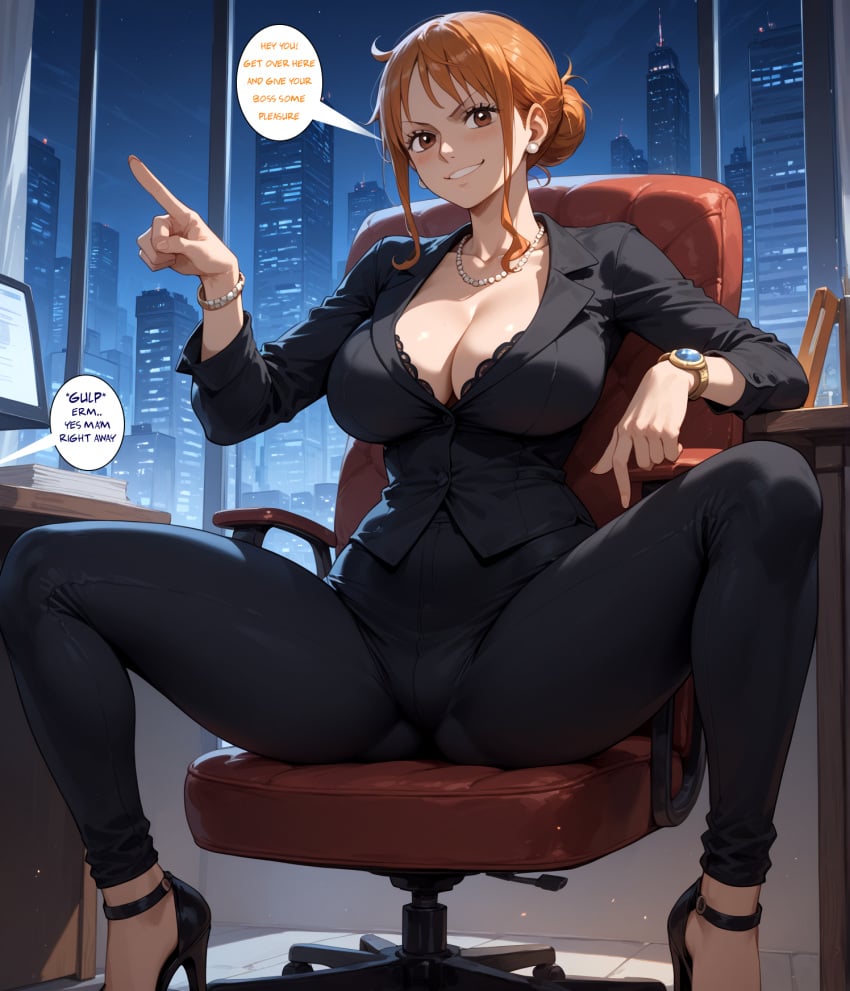 1girls ai_generated big_breasts black_legwear black_pants black_shirt blush brown_eyes chair city city_background cleavage conniexx demanding demanding_sex earrings female female_only hair_bun heels hi_res high_resolution highres jacket large_breasts legs_apart legs_spread long_sleeves nami nami_(one_piece) necklace night office office_lady one_piece orange_hair pony_diffusion_xl small_waist smile smiling smirking stable_diffusion text_bubble tight_clothes tight_clothing tight_fit underwear