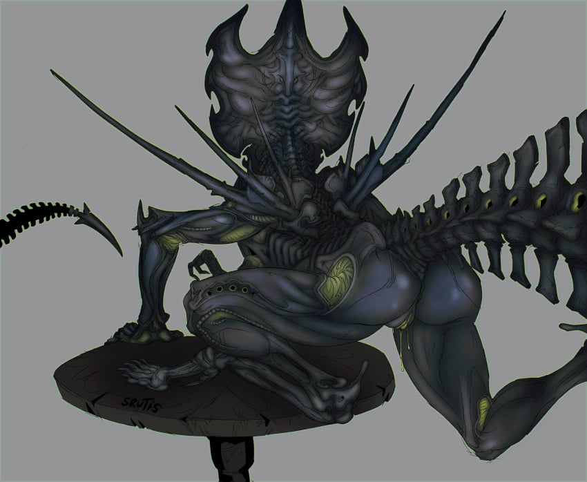 alien alien_(franchise) ass big_butt bodily_fluids dbd dead_by_daylight exoskeleton female furniture genital_fluids genitals hi_res leaning leaning_forward on_table pussy rear_view sharp_tail solo srutisss standing table tail thick_thighs vaginal_fluids wide_hips xenomorph xenomorph_queen