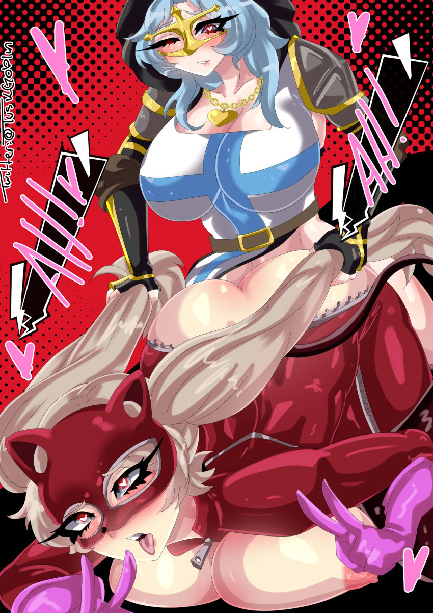 1futa 1girls ahe_gao alternate_outfit ann_takamaki atlus blue_hair brandi_love commission commissioner_upload crusader daisycandy duo futa_on_female futanari goblintusk heart-shaped_pupils huge_ass huge_breasts partially_clothed peace_sign penetration persona persona_5 phantom_thief_suit shin_megami_tensei tagme