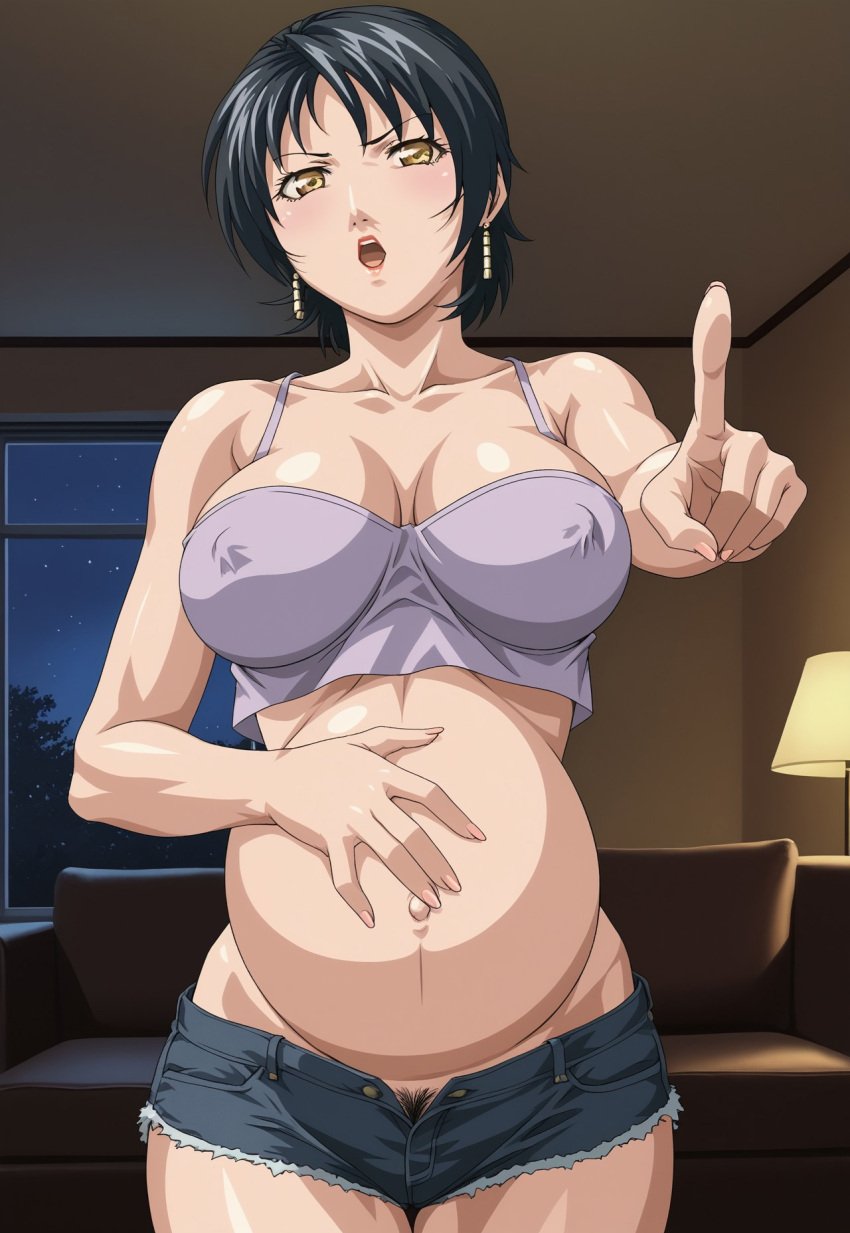 ai_generated amber_eyes bible_black black_hair cleavage exposed_pussy hand_on_belly huge_breasts linewalker looking_at_viewer minase_yukiko pointing_at_viewer pregnant pregnant_belly pregnant_female pubic_hair short_shorts solo_female thick_thighs