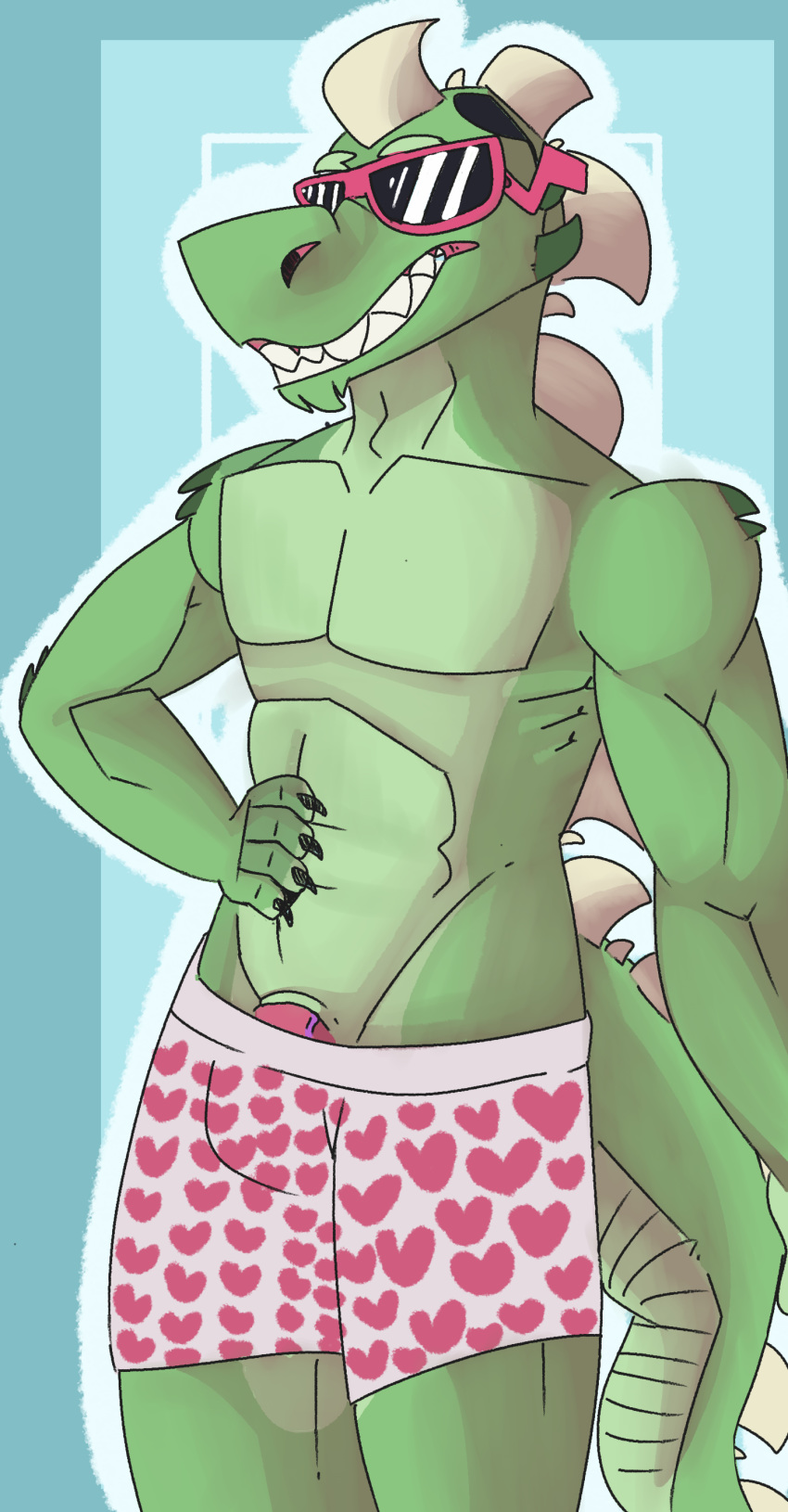 2019 absurd_res adrian anthro boxers_(clothing) clothed clothing crocodile crocodilian crocodylid hi_res male penis reptile scalie solo spacemuttt underwear