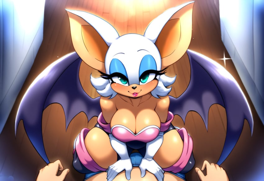 1boy 1girls 2024 2d 2d_(artwork) ai_generated anthro bat bat_ears bat_girl bat_wings big_breasts blue_eyes bulge chiropteran chiropteran_humanoid dark-skinned_female dark_skin fangs female female_on_human from_above furry furry_female furry_only high-angle_view human human_on_anthro imminent_sex jeans large_breasts looking_at_viewer male male/female male_on_anthro mobian mobian_(species) mobian_bat mullon novelai open_mouth pov rouge_the_bat seductive seductive_look seductive_smile sega smile sonic_(series) sonic_adventure_2 sonic_the_hedgehog_(series) white_hair