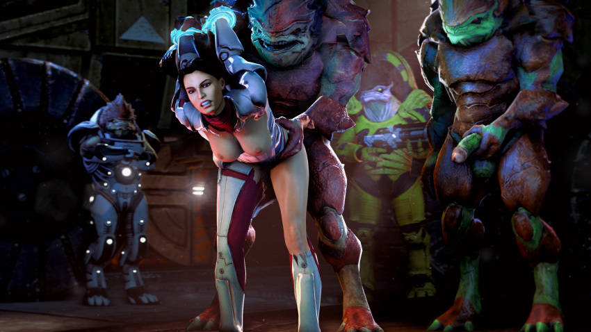 3d 4boys alien arms_behind_back arms_tied ashley_williams bent_over big_breasts cheopsfm clenched_teeth forced grabbing human interspecies krogan mass_effect nipples normandy_crew rape urdnot_wrex watching