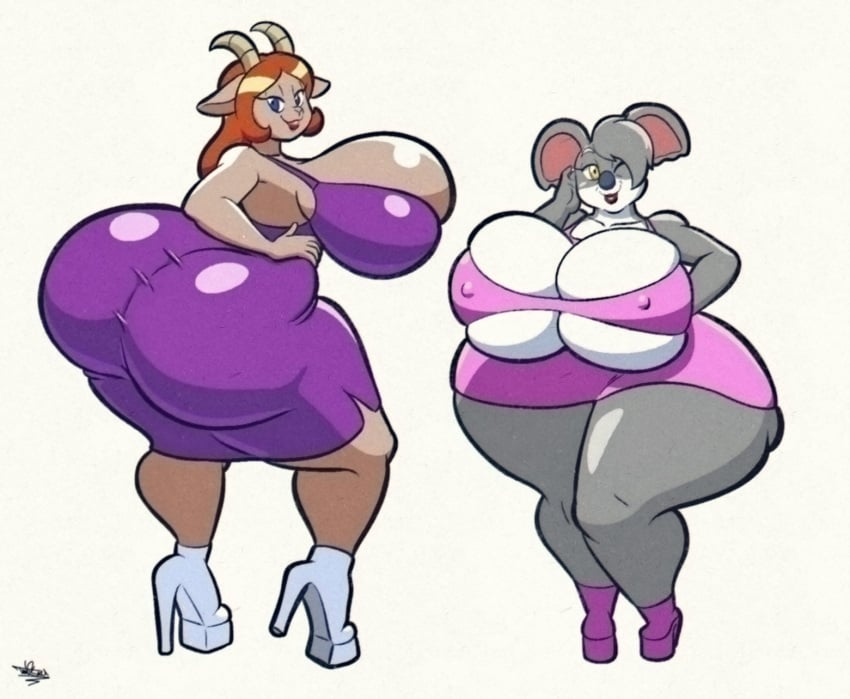 ass breasts female goat horns huge_ass huge_breasts koala lipstick nipple_bulge tansau thick_thighs wide_hips