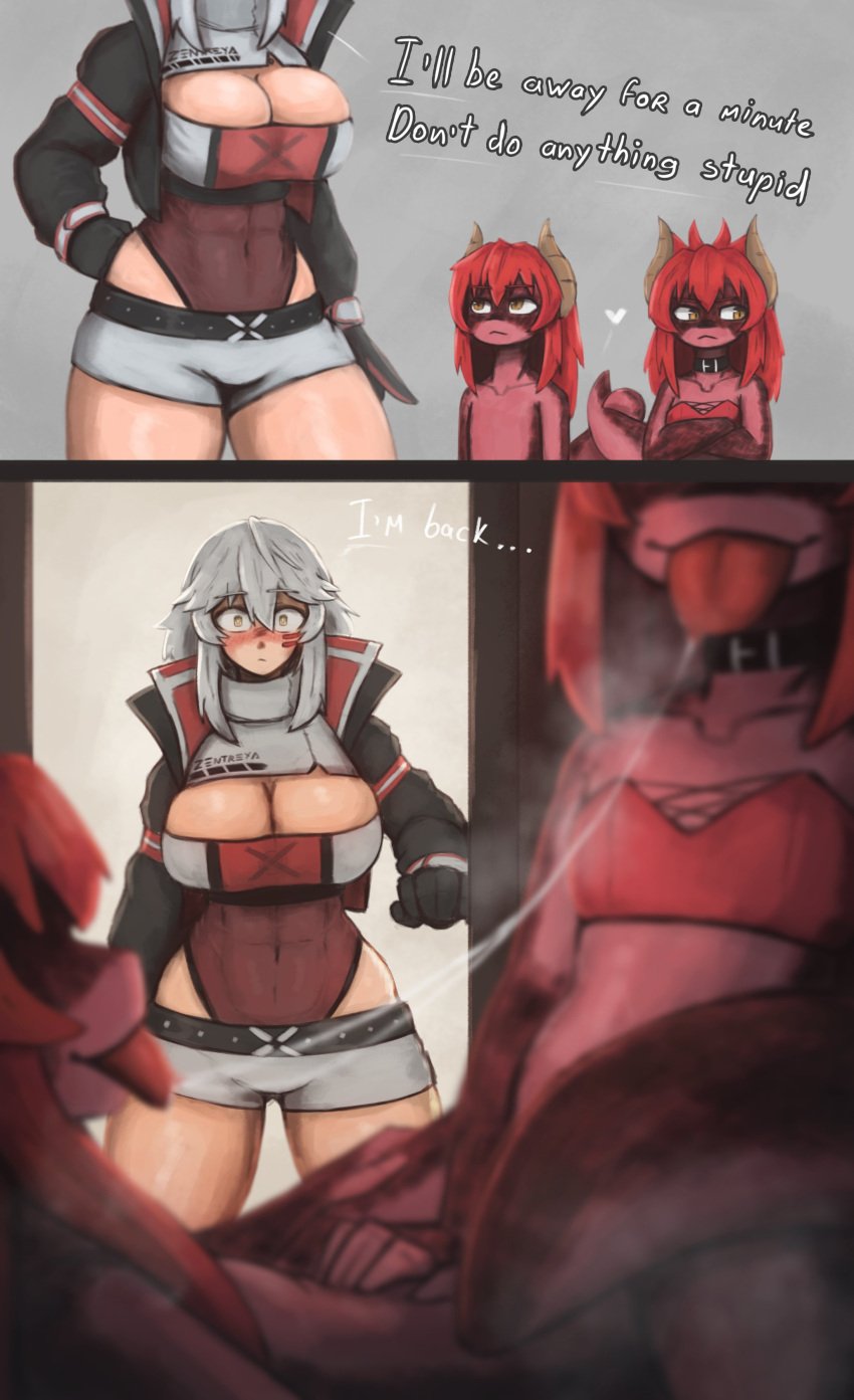 1girls 2koma ambiguous_gender anthro big_breasts bodily_fluids breasts clothed clothed_female clothing dialogue english english_dialogue english_text fan_mascot_(vtuber) fan_mascot_focus_(vtuber) female_only frostwallart gecko gecko_(zentreya) saliva saliva_string scalie text virtual_youtuber vshojo zentreya