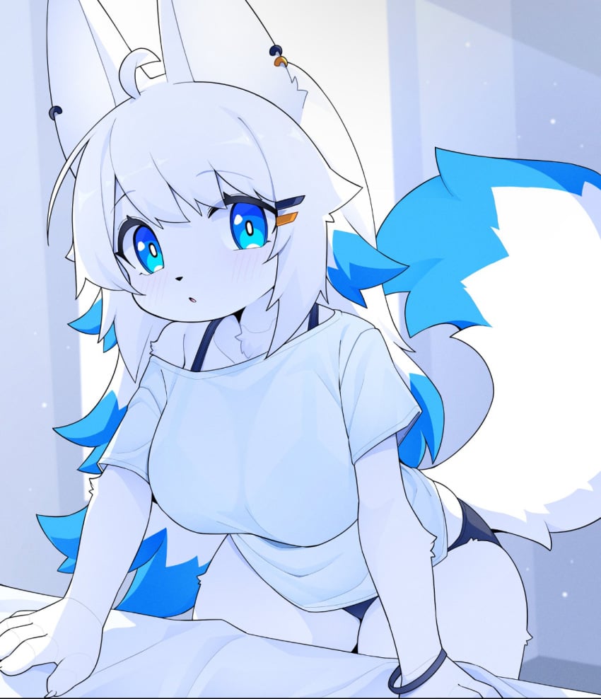 big_breasts cute devil-vox female furry looking_at_viewer waking_up white_fur