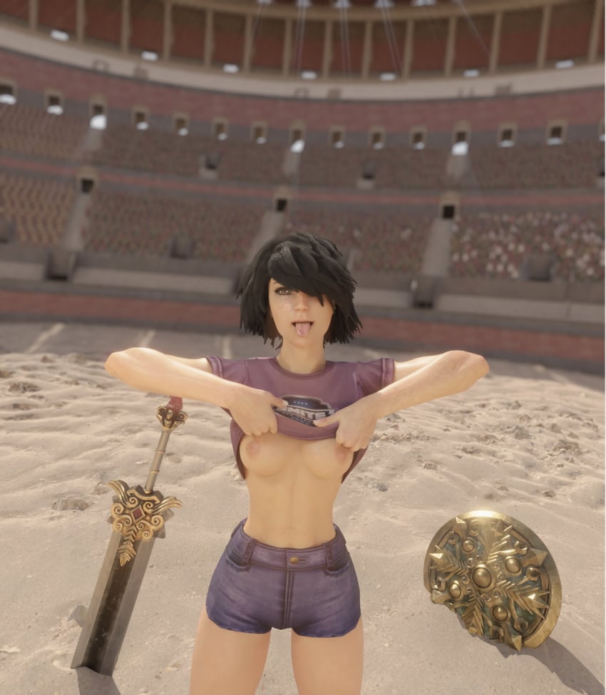 1girls 3d alternate_costume athletic athletic_female bellona_(smite) black_hair european_mythology female female_only flashing flashing_breasts goddess hi-rez_studios light-skinned_female light_skin looking_at_viewer mythology pro_league_bellona roman_mythology short_hair smite solo tongue tongue_out