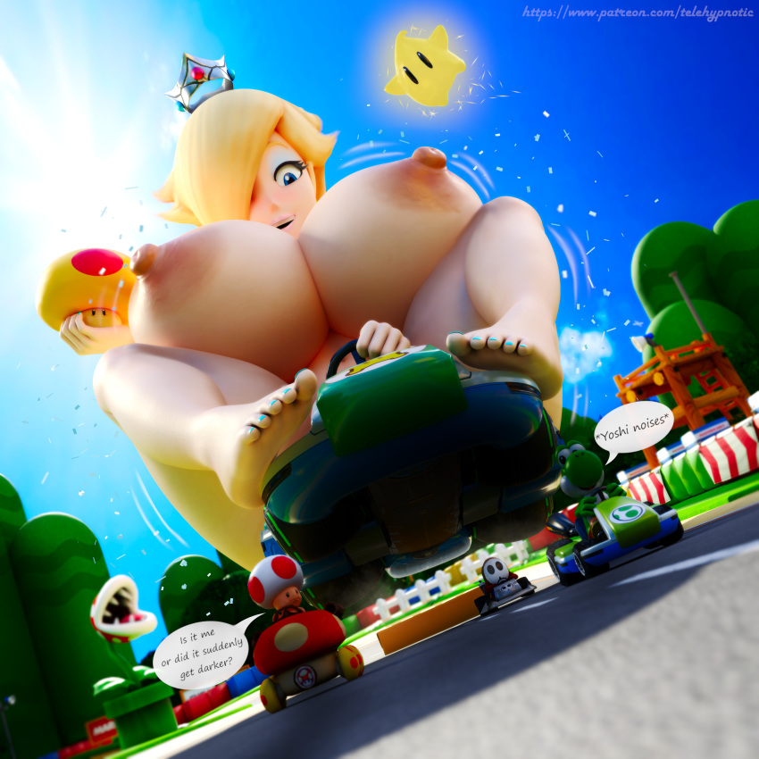 areolae big_breasts breasts fear female giant giantess larger_female luma male mario_(series) mario_kart nintendo nipples nude piranha_plant princess_rosalina speech_bubble telehypnotic toad_(mario) yoshi