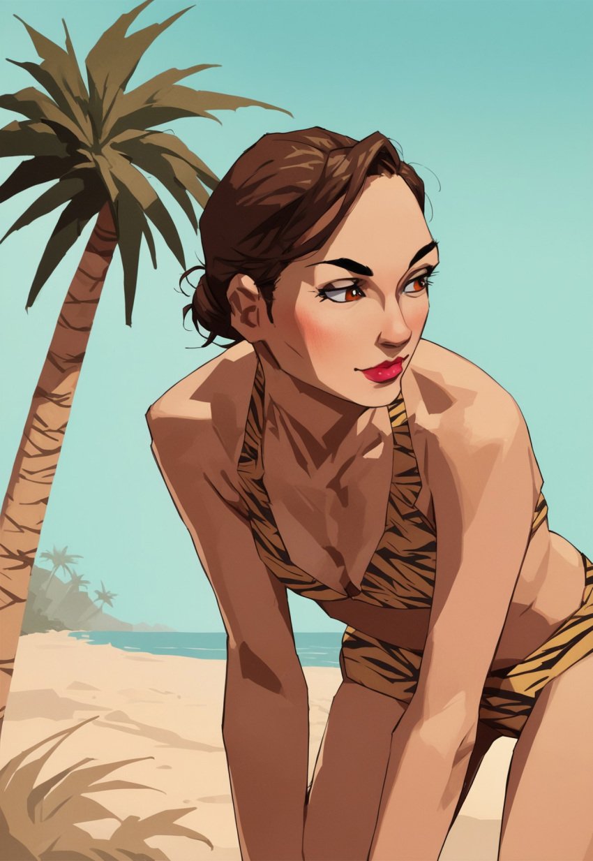 ai_generated beach bikini brown_eyes brown_hair grand_theft_auto grand_theft_auto_iii hairbun lipstick maria_latore palm_tree short_hair tiger_print