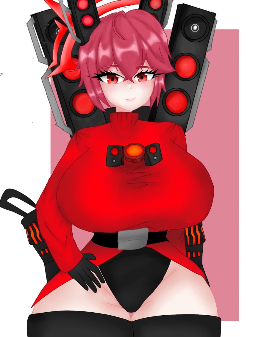 belt black_gloves black_stockings blaster bodysuit miss_moji red_eyes red_hair red_suit skibidi_toilet smiling speaker speakerwoman_(skibidi_toilet) titan_speakerwoman_(skibidi_toilet) upgrade_titan_speakerman(skibidi_toilet) white_background