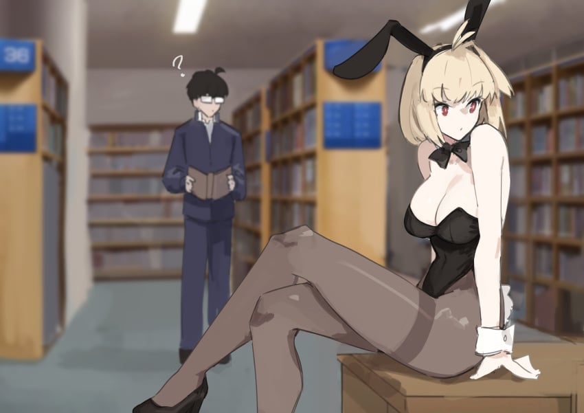 1boy ? absurdres animal_ears arcueid_brunestud bare_shoulders black_hair black_leotard black_pantyhose blonde_hair blurry blurry_background book breasts cleavage crossed_legs fake_animal_ears fake_tail female glasses highres holding holding_book jonyeld large_breasts leotard pantyhose playboy_bunny rabbit_ears rabbit_tail red_eyes seishun_buta_yarou short_hair sitting strapless strapless_leotard tail tohno_shiki tsukihime