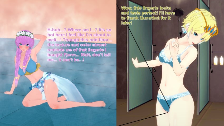 2girls 3d blonde_hair blue_eyes english_text fire_emblem fire_emblem_heroes fjorm_(fire_emblem) giantess gunnthra_(fire_emblem) koikatsu lingerie micro microscopic nintendo oblivious pink_hair shrunken_woman sisters size_difference tagme text xavierhuge