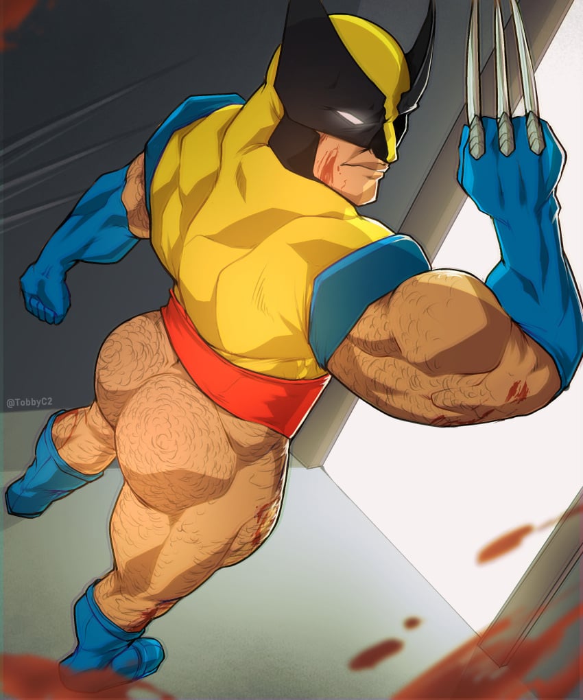 1boy arm_hair ass bara barazoku big_ass big_butt blood bottomless bottomless_male hairy hairy_arms hairy_ass hairy_legs hairy_male leg_hair light-skinned_male light_skin male male_only marvel marvel_comics muscular muscular_male solo solo_male superhero tobbyc2 wolverine_(x-men)