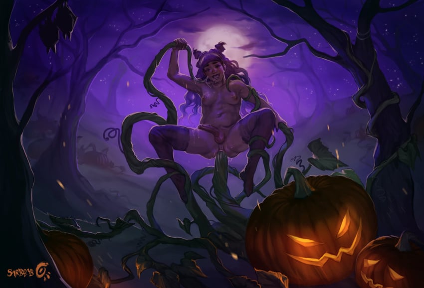 1futa anal anal_sex areolae balls breasts consensual_tentacles detailed_background futa_only futanari halloween hi_res jack-o'-lantern long_hair nipples outdoors penetration penis pumpkin sarybomb solo stockings suspended_via_tentacles suspension teeth_clenched tentacle tentacle tentacle_in_ass tentacle_sex vines