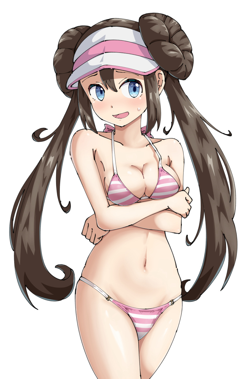 blue_eyes breasts brown_hair cap female female_only light-skinned_female maho_(corotonton5150) nintendo pink_bikini pokemon rosa_(pokemon) solo striped_bikini twin_buns twintails