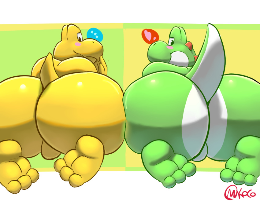 2019 3_toes ass balls big_butt blush duo feet koopa koopa_troopa looking_at_viewer male male_only mario_(series) nintendo presenting scalie shikapandakuma simple_background smile toes video_games yaoi yoshi