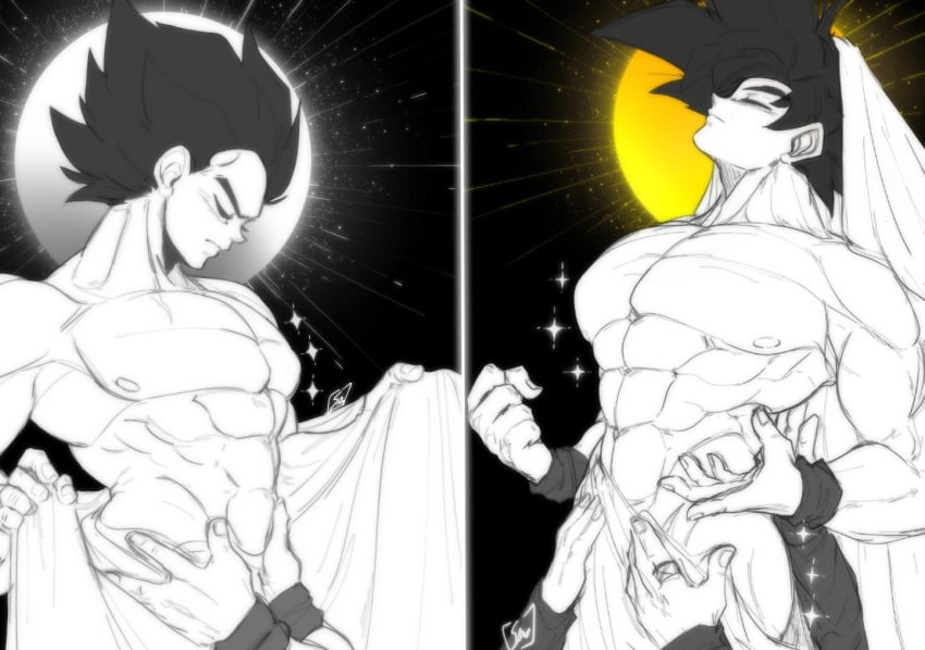 2boys abs black_hair closed_eyes dragon_ball dragon_ball_super dragon_ball_z exposed_nipples goku kakarot male male_only monochrome moon moonlight muscular muscular_male muscule scarysake son_goku sun sunlight vegeta yaoi