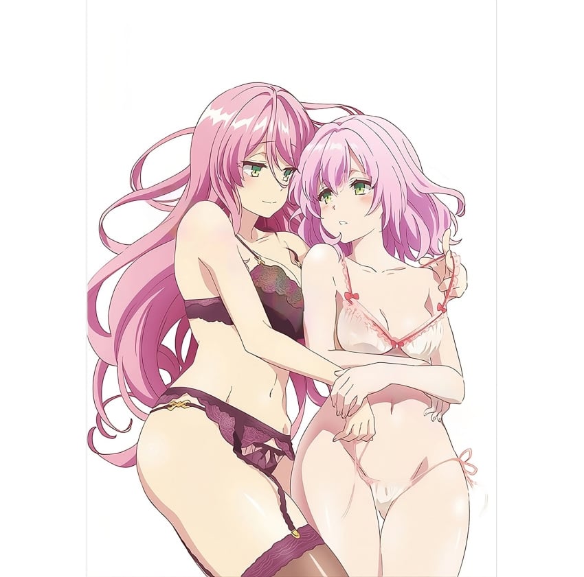 2girls age_difference assisted_exposure big_breasts blush bra cleavage flare_arlgrande_jioral green_eyes kaifuku_jutsushi_no_yarinaoshi lingerie long_hair looking_each_other navel norn_clatalissa_jioral official_art official_artist panties pink_hair princess redo_of_healer short_hair siblings sisters small_breasts suspicious thighs undressing undressing_another young younger_female