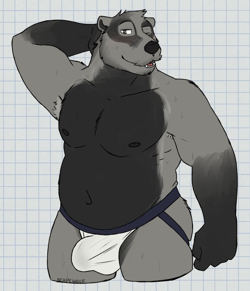 1boy 2024 5_fingers anthro armpit_hair armpit_tuft ass badger belly biceps biped black_body black_fur black_nipples black_nose blush bodily_fluids body_hair brown_eyes bulge checkered checkered_background clothed clothing detailed_bulge digital_drawing_(artwork) digital_media_(artwork) echo_(series) echo_project embarrassed erection fingers fur grey_body grey_fur hand_behind_head hi_res jockstrap looking_at_viewer male male_anthro male_only mammal mature_male musclegut muscular muscular_arms muscular_legs mustelid musteline navel nikolai_krol nipples one_eye_closed overweight overweight_anthro overweight_male partially_clothed partially_clothed_male pattern_background pecs portrait simple_background solo standing sweat sweatdrop sweaty_legs sweaty_thighs the_smoke_room three-quarter_portrait underwear underwear_only unsafescapewolf white_background